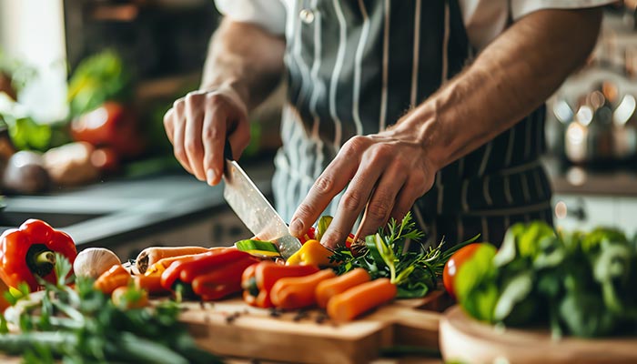 Chef cutting vegetables on cutting board