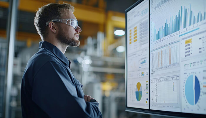 Worker on manufacturing floor analysing computer statistics