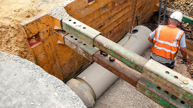 Builder installing big diameter concrete drainage pipe protected by trench support system during deep drainage works