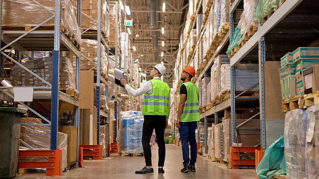 two men in warehouse wearing safety helmet, vest. Concept for industry, job, meeting, work training. Two caucasian warehouse workers walking in distribution storage area discussing