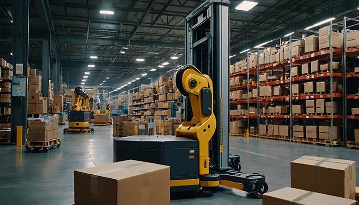 Robot working in warehouse facility