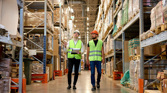 Retail Warehouse full of Shelves with Goods, Two Young Caucasian Male Workers Supervisors in Working Uniform and Helmet Discuss Product Delivery. Men Walking and Having Talk In Warehouse